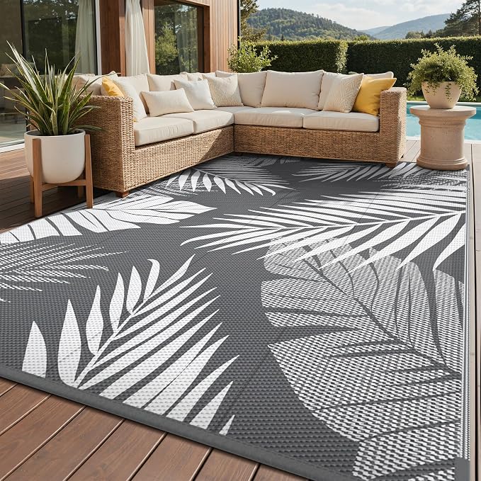 GENIMO Outdoor Rug, Waterproof Plastic Rugs for Patio, 9'x12' Grey White | Outside Larger Leaf Carpet Mat for Porch Decor, Deck, Balcony, Camping, RV, Backyard, Picnic, Beach, Reversible, Foldable