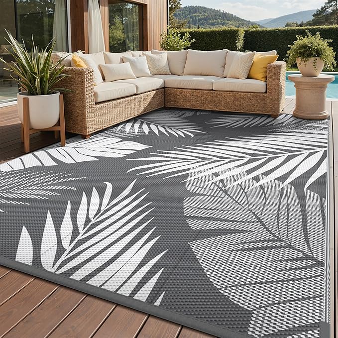 GENIMO Outdoor Rug, Waterproof Plastic Rugs for Patio, 8'x10' Grey White | Outside Larger Leaf Carpet Mat for Porch Decor, Deck, Balcony, Camping, RV, Backyard, Picnic, Beach, Reversible, Foldable