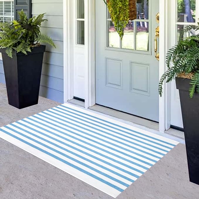 2x4 Outdoor Rug,Light Blue and White Striped Front Porch Rug Cotton Woven Washable Indoor Outdoor Doormat Farmhouse Small Area Rug for Porch/Entryway/Home Entrance Decor
