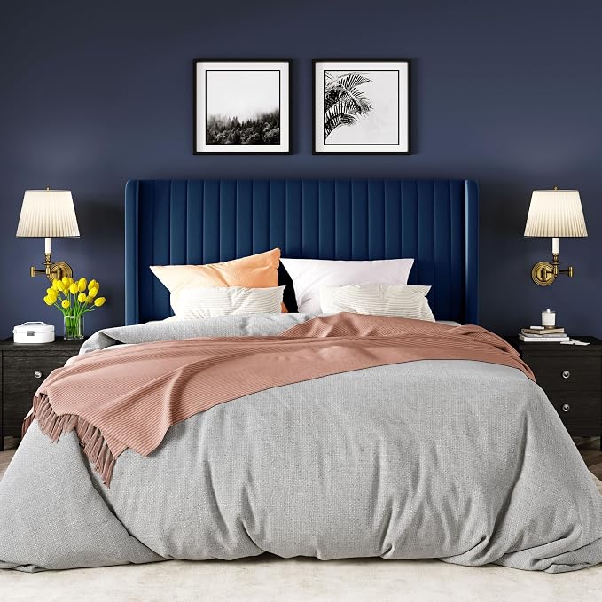 Allewie Queen Size Velvet Bed Frame/Vertical Channel Tufted Wingback Headboard/Upholstered Platform Bed/Strong Wooden Slats/No Box Spring Needed/Easy Assembly/Dark Blue