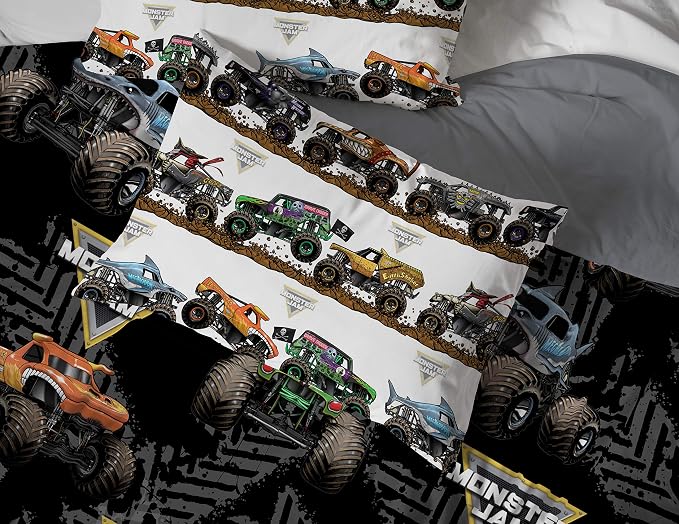 Jay Franco Monster Jam 5 Piece Queen Bed Set - Includes Comforter & Sheet Set - Grave Digger & Megalodon - Super Soft Fade Resistant Microfiber | Grave Digger Megalodon, Comforter Sheets Pillowcases, Official Product, Soft Microfiber, Machine Washable,...