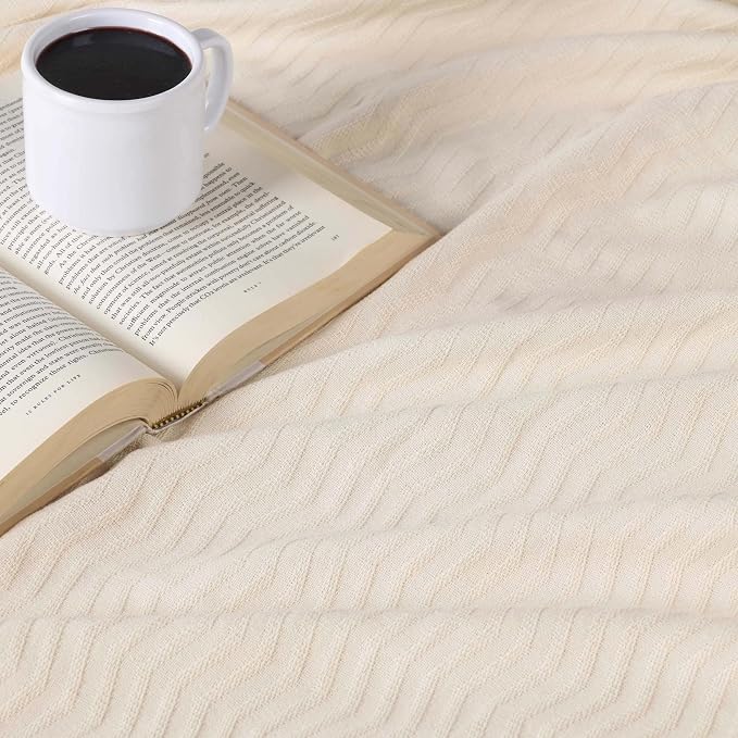 Superior JENA Cotton Blanket, for Picnic, Beach, Traveling or Camping, Bedroom Decor, Essentials, Cover for Bed, Couch, Lounging, Textured Jacquard, Modern Chevron Woven Blanket, King, Ivory