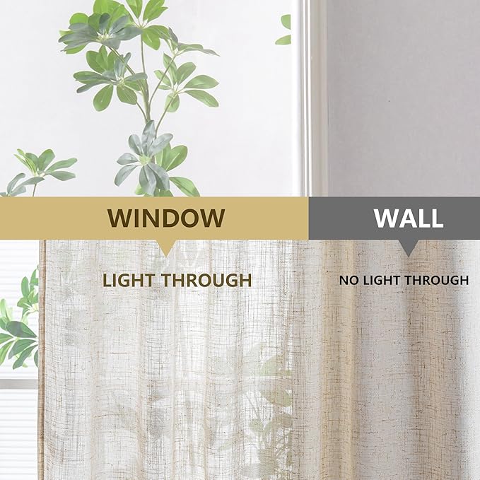 MYSKY HOME Linen Curtains for Living Room, Natural Semi Sheer Curtains & Drapes 80 inches Length 2 Panels Set Farmhouse Country Boho Style Back Tab Draperies for Sliding Glass Door, 50" Wide, Linen