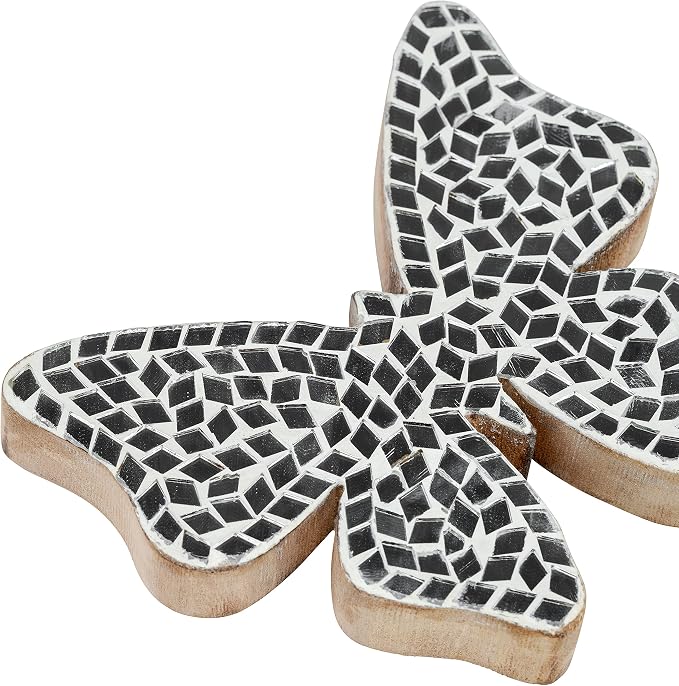 Decorative Sculpture Table Top – Glass Mosaic Butterfly Overmantel Modern Coffee Table Decor - Mango Wood Accent Piece for Coffee Tables, Shelves & Living Rooms – Elegant Home Decor – 5", White