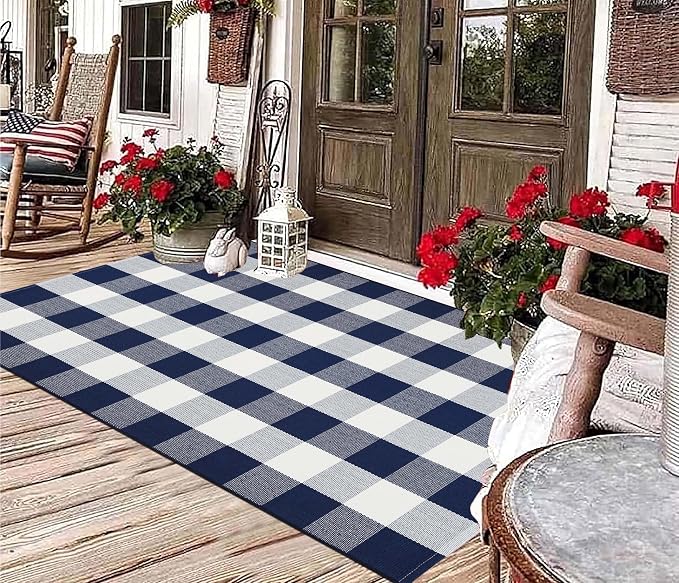 Outdoor Rug 3'x5'Blue and White Buffalo Checkered Rug Cotton Woven Machine Washable Farmhouse Front Porch Rug Door Mat Outdoor for Entryway,Patio,Bedroom,Hello Welcome Mat