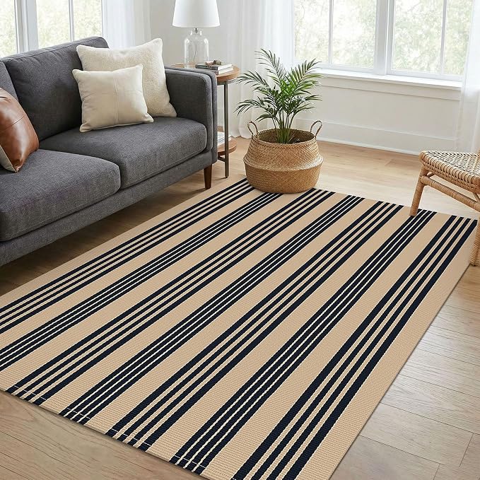 KOZYFLY Striped Rug 4x6 ft Front Door Rugs Cotton Woven Washable Indoor Outdoor Rug Brown Black Large Entrance Doormat for Front Porch Kitchen Patio Farmhouse Decor