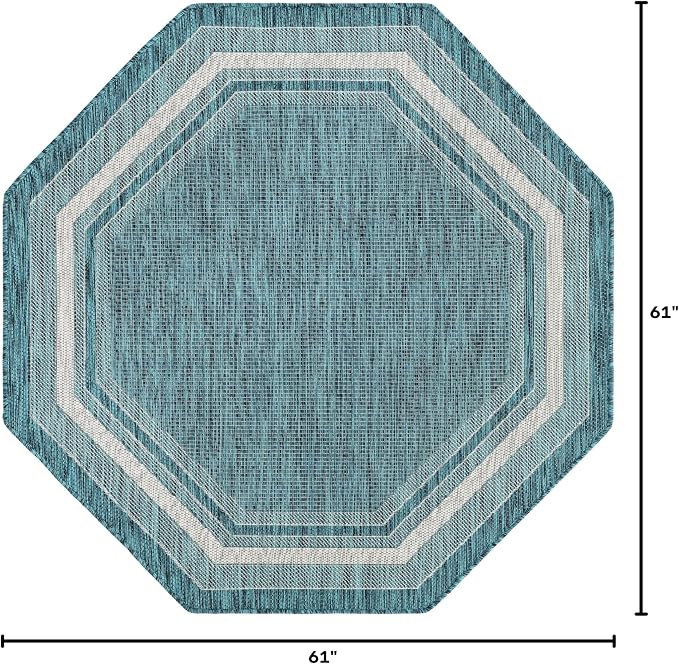 Unique Loom Outdoor Border Collection Area Rug - Soft Border (5' 1" Octagon, Teal/ Ivory)