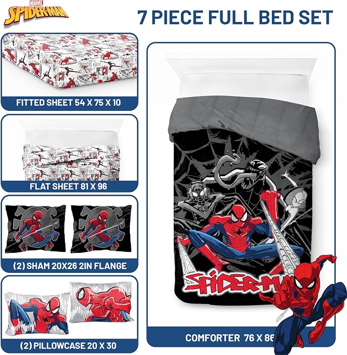 Marvel Spiderman Full Comforter Set 7 Piece Bedding for Boys, Black | Bed in a Bag, Comforter Sheets Shams Pillowcases, Official Product, Soft Microfiber, Machine Washable Easy Care, Boys Gift