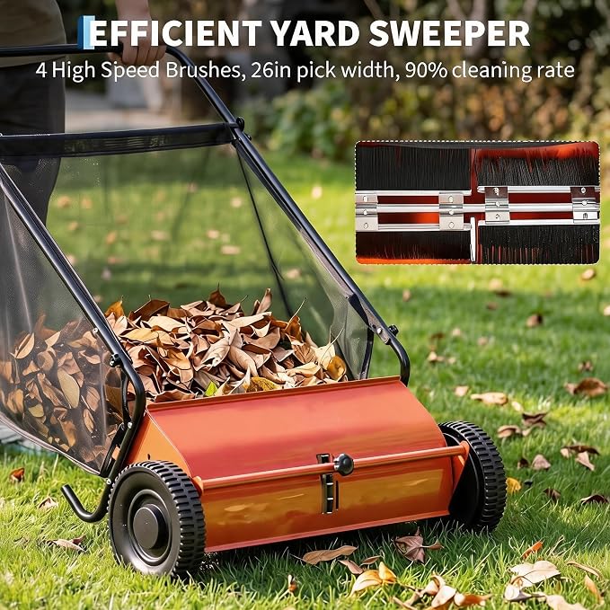 Heavy Duty 26-Inch Push Lawn Sweeper – 4 High-Speed Spinning Brushes | Durable Steel Frame, 7 Cu. Ft. Removable Bag, Walk-Behind Leaf & Grass Collector for Garden, Patio, Driveway, Outdoor –