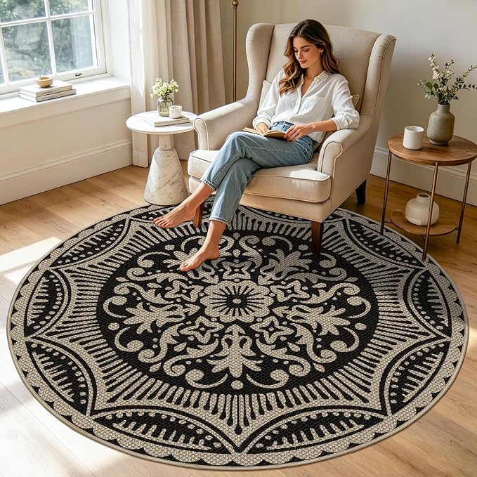 Capslpad Round Faux Jute Rug 6ft Washable Non Slip Area Rugs for Living Room Boho Circle Patio Carpet Low Pile Floral Indoor Outdoor Rug for Backyard Bedroom Kitchen Entryway,Black&Nature