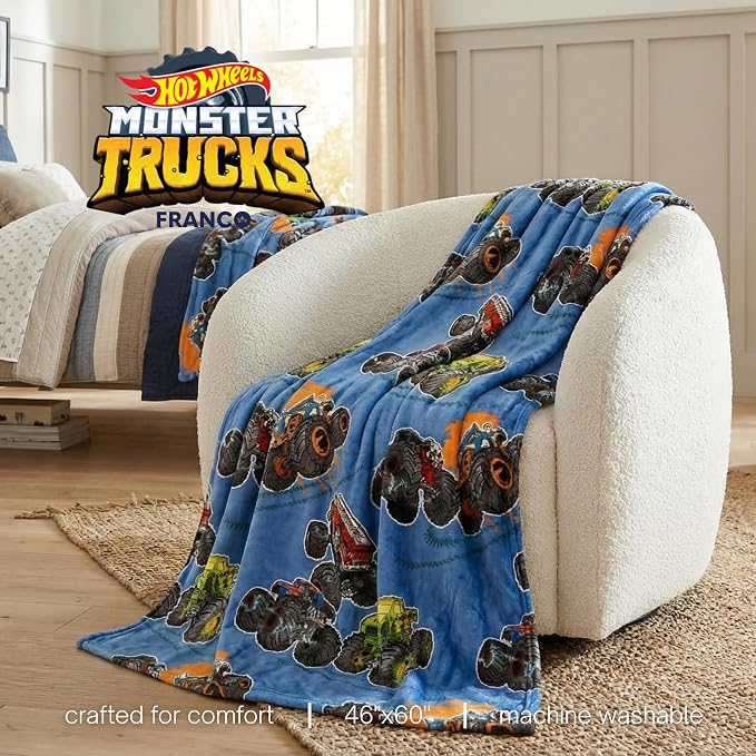 Monster Trucks x Hot Wheels Kids Bedding Super Soft Plush Throw Blanket, 46 in x 60 in, (Officially Licensed Product) by Franco