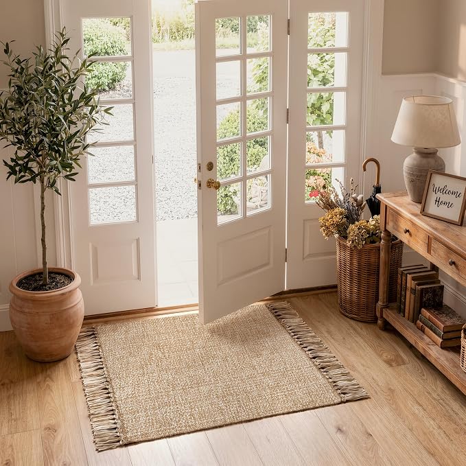 Collive Entryway Door Mat, 27" x 43" Machine Washable Kitchen Rugs, Indoor/Outdoor Low-Profile Doormat Soft Hand-Woven Cotton Bathroom Rug Throw Rugs for Front Back Door Bedroom