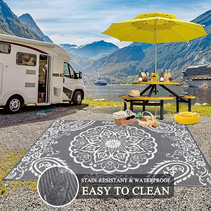 Pauwer Outdoor Rug 5x8, Waterproof Plastic Straw Camping Rug, Boho Grey | Reversible Patio Rug, UV Resistant Indoor Outdoor RV Mat Carpet For Deck, Camper, Porch, Balcony, Backyard, Picnic, Foldable