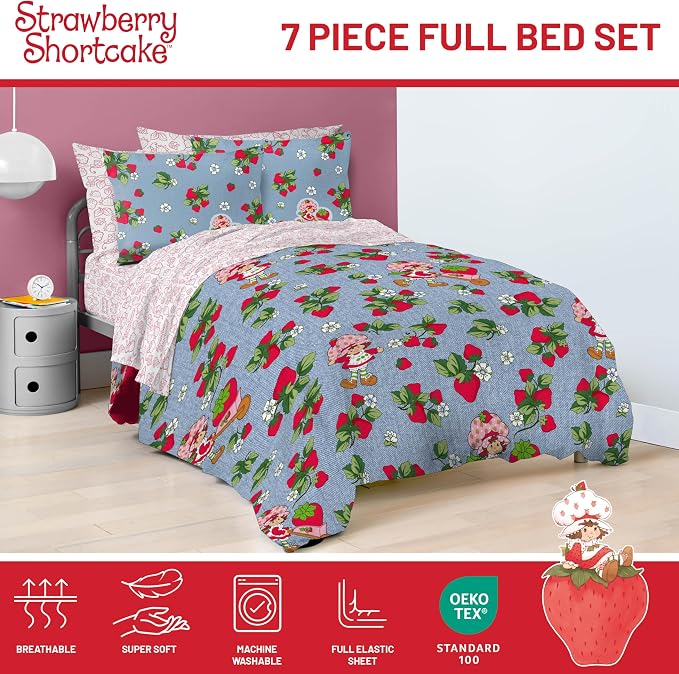 Strawberry Shortcake Full Comforter Set 7 Piece Kids Bedding, Blue | Bed in a Bag, Comforter Sheets Shams Pillowcases, Official Brand, Soft Microfiber, Machine Washable, Girls Gift