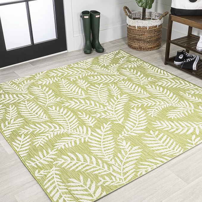 JONATHAN Y Palm Frond Indoor Outdoor Square Area Rug 5X5 Green/Cream, Nevis for Backyard, Patio, Porch, Easy-Cleaning, High Traffic, Pet-Friendly, Non-Shedding (SMB119D-5SQ)