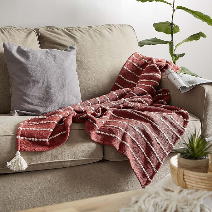 DII Striped Throw Collection Cotton Slub, Hand-Tied Tassels, 50x60, Clay & Off-White