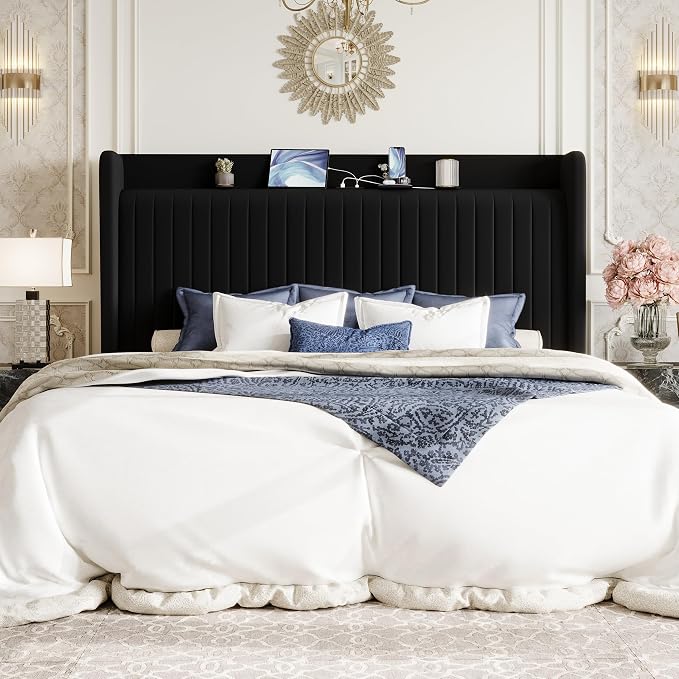 SHA CERLIN King Size Velvet Bed Frame with Shelf, Charging Station, Black | Wingback Storage Headboard, Upholstered Platform Bed, Wooden Slats Support, No Box Spring Needed, Easy Assembly, Noise Free
