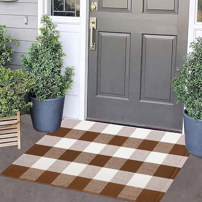 Front Door Mat Outdoor 24''x35''Buffalo Plaid Porch Mat Cotton Woven Machine Washable Carpet for Layered Doormat Hello/Welcome Door Mat,Kitchen,Farmhouse,Entryway