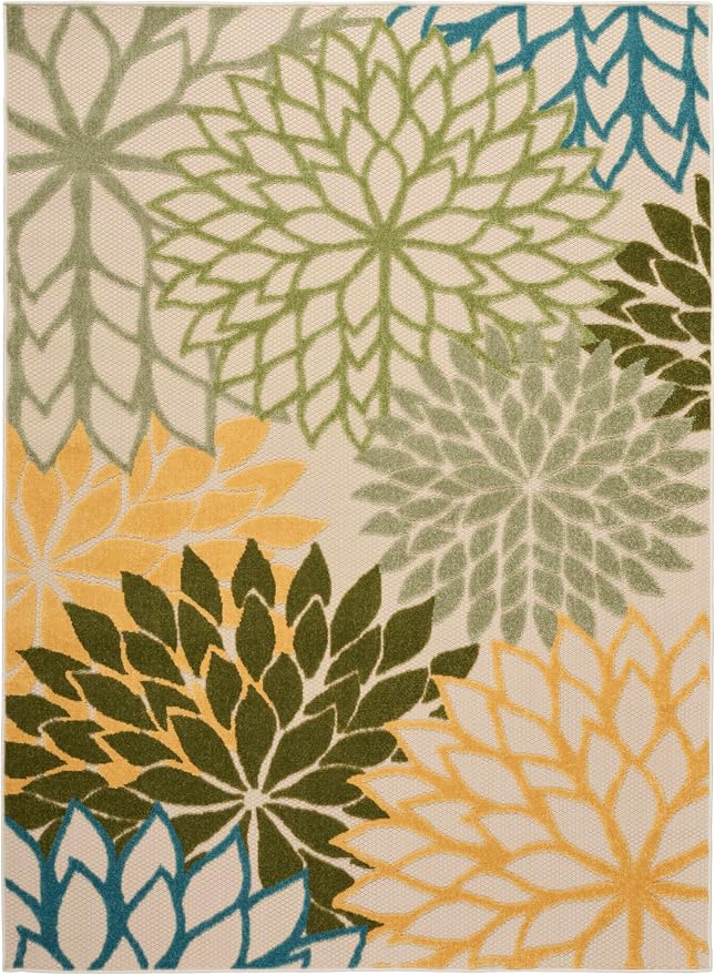 Nourison Home Aloha Tropical Indoor/Outdoor Green Multicolor 3'6" x 5'6" Area Rug, Easy Cleaning, Non Shedding, Bed Room, Living Room, Dining Room, Backyard, Deck, Patio (4x6)