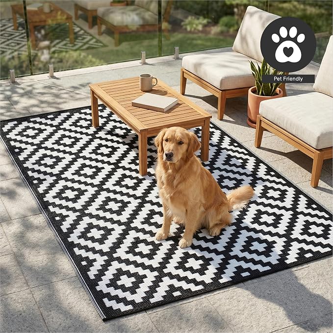 FH Home Outdoor Rug - Waterproof, Fade Resistant, Reversible - Premium Recycled Plastic - Geometric - Porch, Deck, Balcony, Mudroom, Laundry Room, Patio - Aztec - Black & White Crease Free - 3 x 5 ft