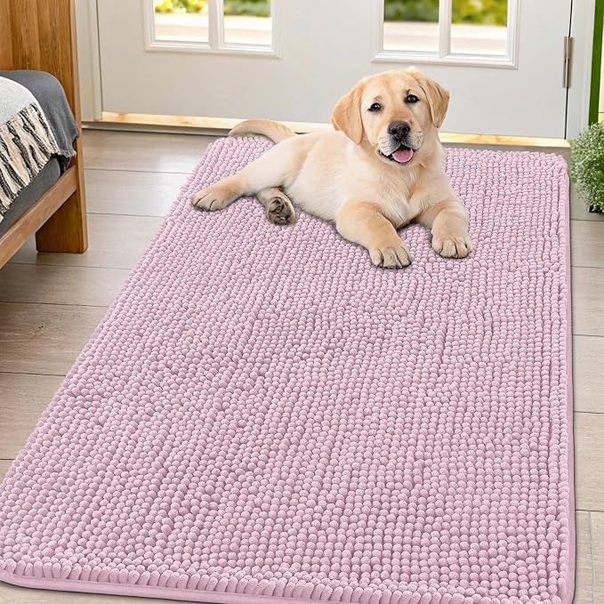 Smiry Dog Door Mat for Muddy Paws 44x32, Absorbent Dirt Trapper, Non-Slip Washable Chenille Entryway Rug for Inside Floor, Dusty Rose, Classic Solid