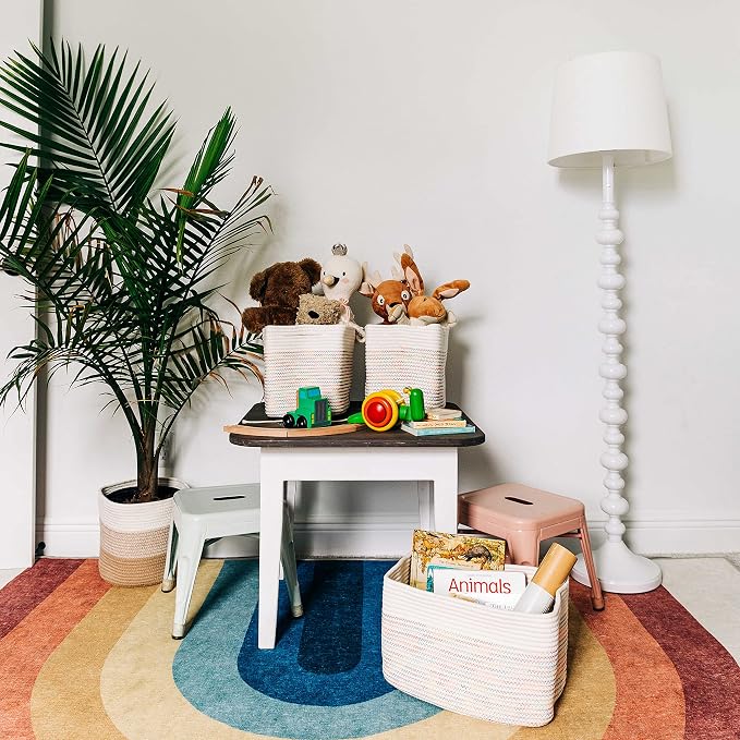OrganiHaus Rainbow Basket for Shelf Storage, 15x9x10 | Colorful, handwoven cotton rope; a toy bin for playroom, classroom, or girls' room decor; great for nursery too