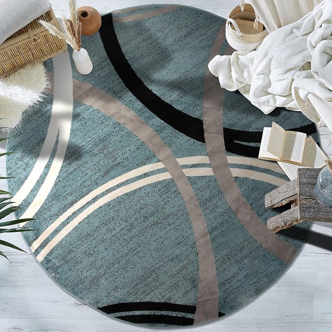 Rugshop Wavy Circles Playroom Modern Jute Backing Round Rug Blue 6'6" | Round, Size 6'6", Living Room, Bedroom, Dining Room, Home Office, Kitchen, Entryway, Hallway, Nursery, Kids Room, Guest Room