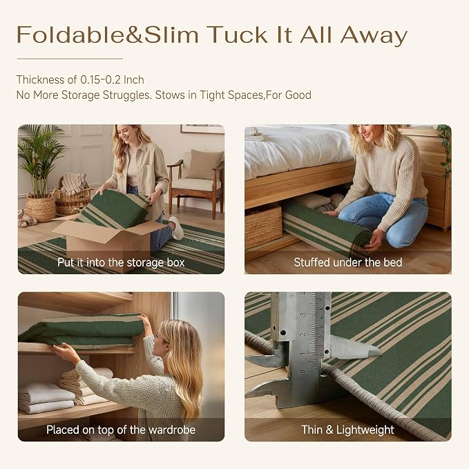 PureCozy Striped Easy Jute Rug 4x6 Green Entryway Carpet Washable Non Slip Office Door Mat Farmhouse Neutral Non Shedding Small Indoor Outdoor Rug for Bathroom Kitchen Bedroom Living Room
