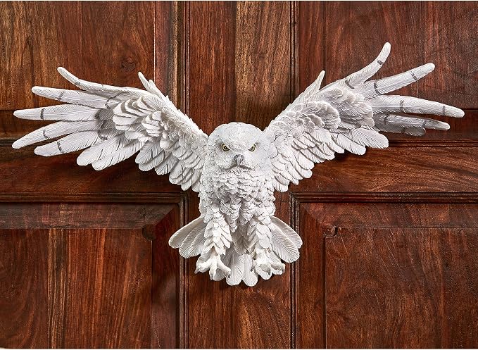Design Toscano Mystical Snowy Owl Bird Indoor/Outdoor Wall Frieze Sculpture, Medium, 19 inches wide, 11 inches tall, Cast Stone Resin, White Finish