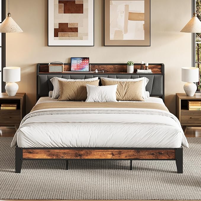 LIKIMIO King Size Bed Frame, Storage Headboard with Charging Station, Solid and Stable, Noise Free, No Box Spring Needed, Easy Assembly