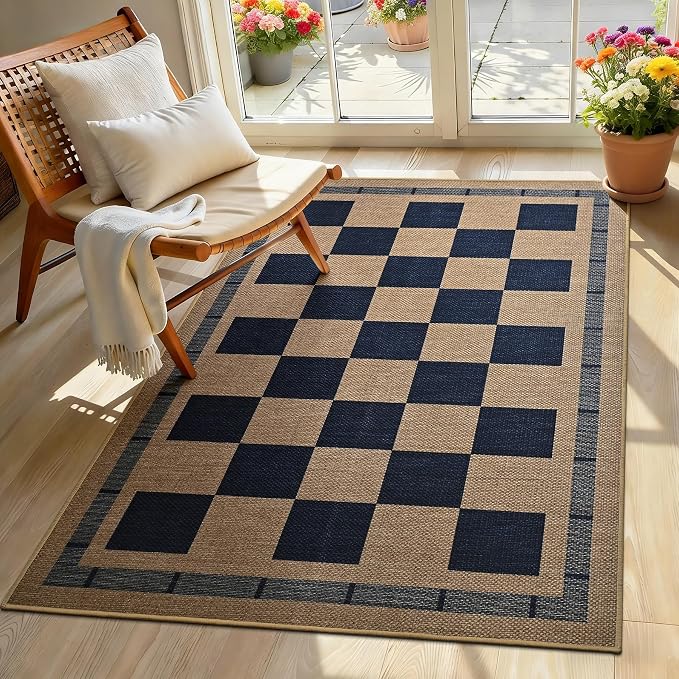 3x5 Outdoor Rug, Jute Checkered Rugs, Patio, Entryway, Balcony, Indoor Rug | Porch Plaid Carpets, Washable Bedroom Kitchen Carpet, Non Slip Farmhouse Neutral Laundry Office Floor Mat, Navy and Brown