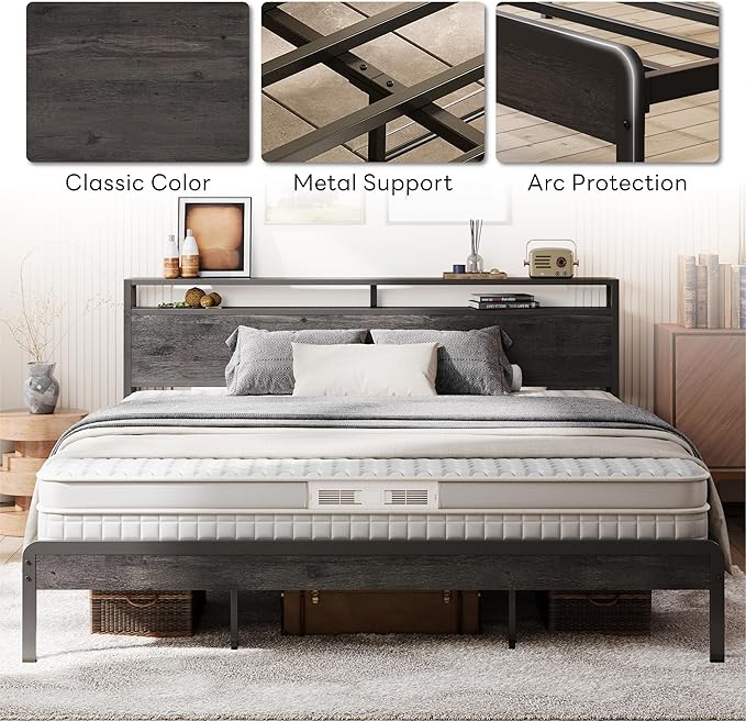 LIKIMIO King Size Bed Frame with 2-Tier Storage Shelf Headboard | Dark Wood Platform Bed, Camas King with Strong Metal Supports, Sturdy, Noise-Free, No Box Spring Needed, Grey