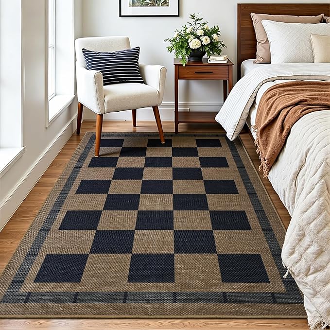 3x5 Outdoor Rug, Jute Checkered Rugs, Patio, Entryway, Balcony, Indoor Rug | Porch Plaid Carpets, Washable Bedroom Kitchen Carpet, Non Slip Farmhouse Neutral Laundry Office Floor Mat, Navy and Brown