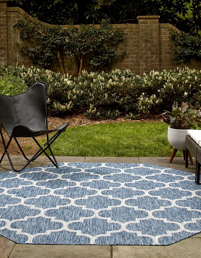 Unique Loom Outdoor Trellis Collection Area Rug - Trellis (Octagon 8' 0" x 8' 0", Navy Blue/ Ivory)