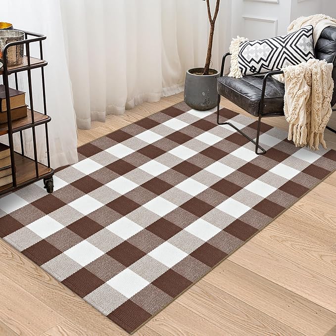 Buffalo Plaid Rug 3x5 Brown and White Checkered Rug Grid Indoor Outdoor Doormat Porch Layering Carpet Cotton Woven Washable Area Mat for Patio Entryway Farmhouse Decor
