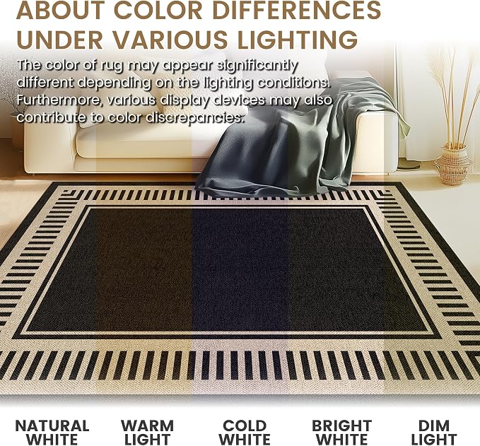 Washable Striped Easy Jute Runner Rug 2x6, Black Modern Geometric Outdoor Indoor Patio Bordered Rug, Woven Non Slip Thin Neutral Long Runner Carpet for Hallway Kitchen Entryway Porch Farmhouse