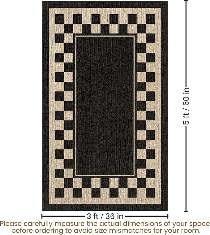 Washable Checkered Easy Jute Rug 3x5, Black Checkerboard Geometric Outdoor Indoor Patio Small Bordered Rugs, Woven Non Slip Thin Neutral Carpet Mat for Bedroom Entryway Front Door Farmhouse