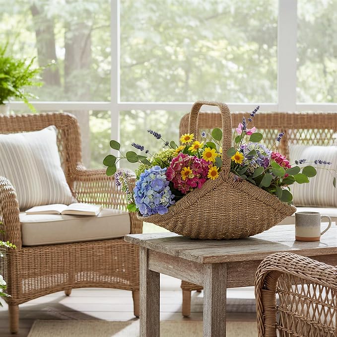 Household Essentials Woven Seagrass Flower Basket with Detachable Handle