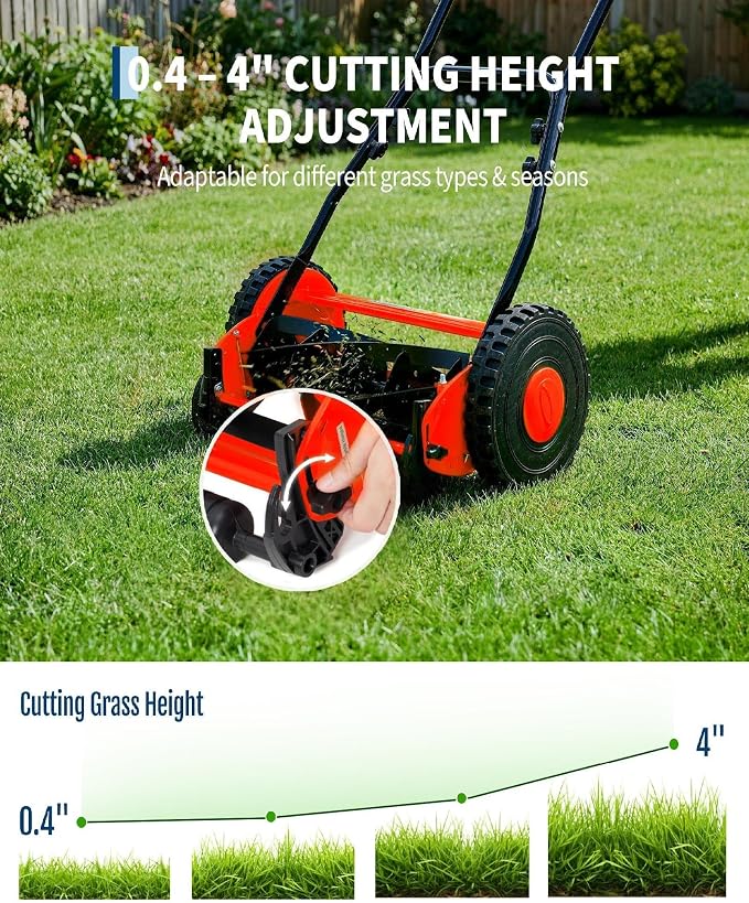PeakPursuit Manual Push Reel Lawn Mower – 14-Inch 5-Blade, Adjustable Cutting Height, Lightweight, Quiet Operation, Compact Storage, Easy Assembly, Perfect for Small to Medium Yards – Red