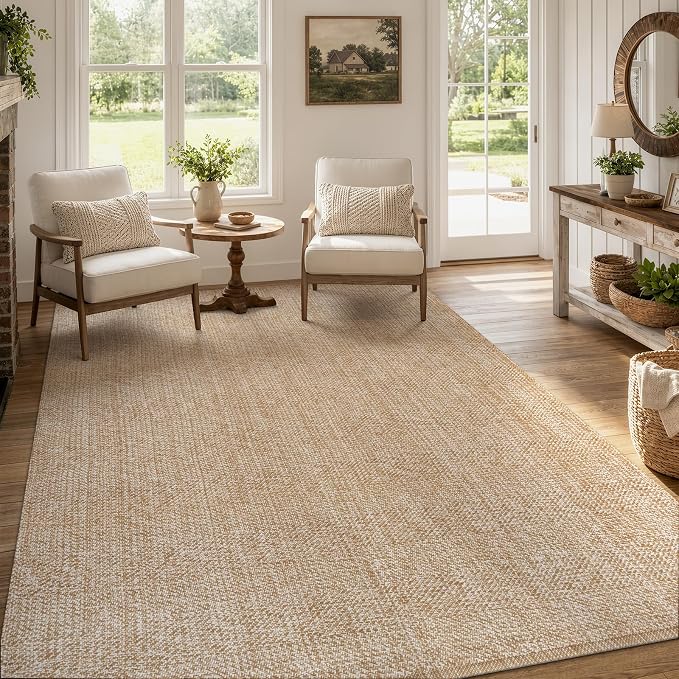 Collive Boho Living Room Area Rugs, 5 X 8 ft Washable Moder Woven Cotton Bedroom Rug, Tan Farmhouse Braided Carpets for Dining Room Nursery Room Dorm Patio Balcony Decor