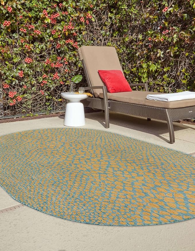 Unique Loom Jill Zarin Outdoor Collection Area Rug - Cape Town (5' 3'' x 8' Oval, Yellow and Aqua/ Light Blue)