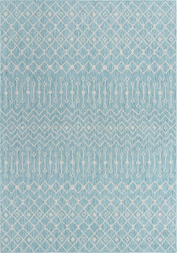 Unique Loom Outdoor Trellis Collection Area Rug - Tribal Trellis (10' x 14' 1" Rectangle, Aqua/ Ivory)