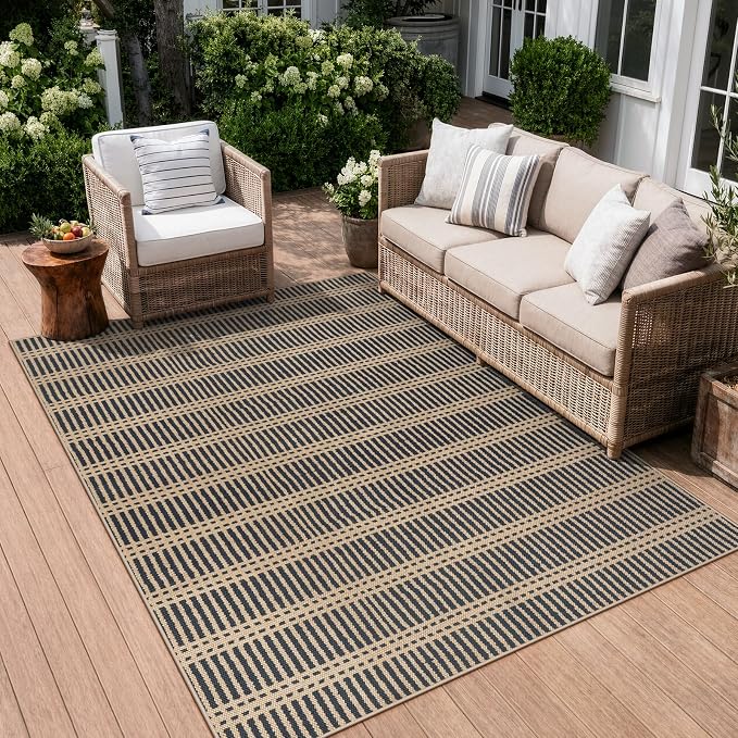LIVEBOX Striped Easy Jute 5x7 Outdoor Rug, Black Washable Rugs for Patio Living Room, Indoor Outdoor Non Slip Area Rug for Bedroom, Farmhouse Neutral Carpet Floor Mat for Dining Room Backyard Deck