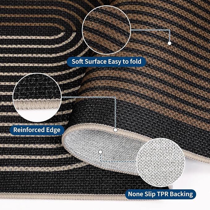 COZYLOOM 2x6 Striped Entryway Rugs Indoor Washable Easy Jute Runner Rug with Non Slip Backing, Non Shedding Stain Resistant Rainbow Carpet Foldable Thin Mats for Kitchen, Bedroom, Patio, Black Brown