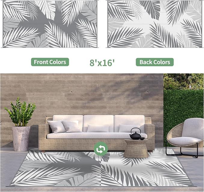 GENIMO Outdoor Rug, Waterproof Plastic Rugs 8'x16' for Camping Grey White | Outside Larger Leaf Carpet Mat for Patio Decor, RV, Porch, Camper, Deck, Picnic, Beach, Backyard, Reversible, Foldable