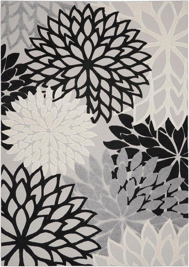 Nourison Home Aloha Indoor/Outdoor Black White 7'10" x 10'6" Area Rug, Tropical, Botanical, Easy Cleaning, Non Shedding, Bed Room, Living Room, Dining Room, Deck, Backyard, Patio (8x10)