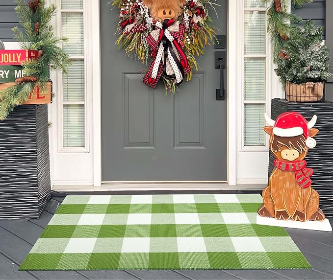 Layered Doormat 24''x35'' Green and White Buffalo Plaid Porch Mat Cotton Woven Washable Carpet for Layered Doormat Hello/Welcome Door Mat,Kitchen,Farmhouse,Entryway