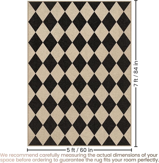 Washable Checkered Easy Jute Rug, 5x7 Black Diamond Checkerboard Boho Geometric Outdoor Indoor Patio Large Area Rugs, Low Pile Lightweight Non Slip Carpet Mat for Living Dining Room Bedroom Classroom