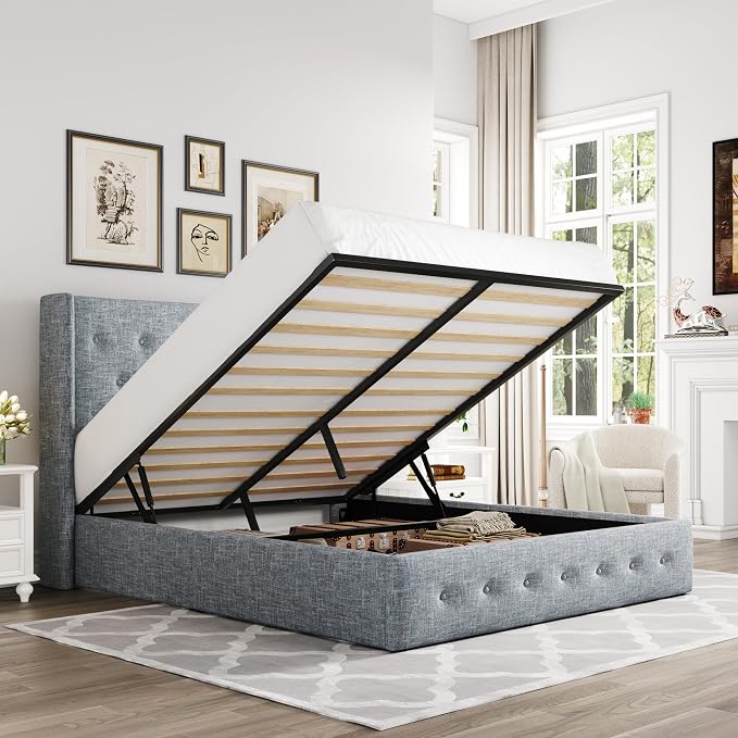 Allewie Queen Size Lift Up Storage Button-Tufted Bed Frame Blue Grey | Modern Wingback Headboard, Hydraulic Support Storage, No Box Spring Needed