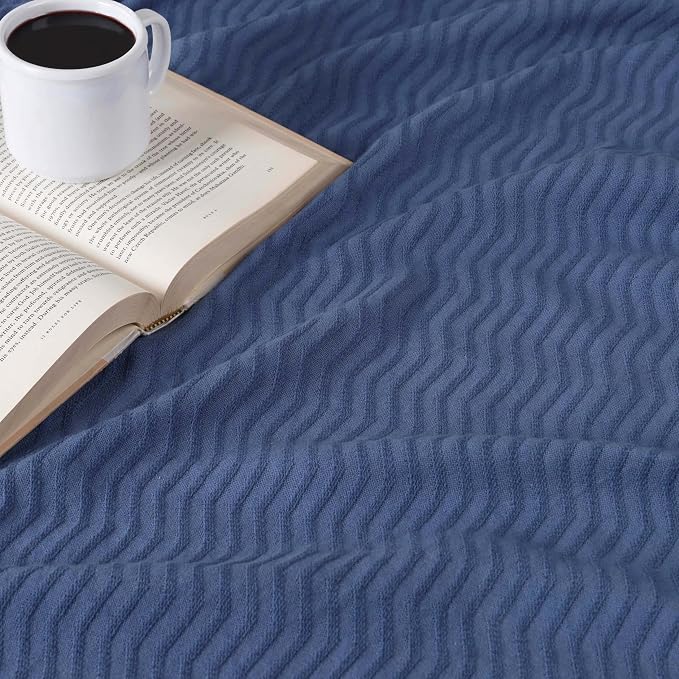Superior JENA Cotton Blanket, for Picnic, Beach, Traveling or Camping, Bedroom Decor, Essentials, Cover for Bed, Couch, Lounging, Textured Jacquard, Modern Chevron Woven Blanket, King, Merritt Blue